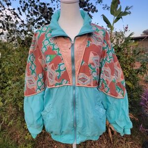 Vintage 80s Turqouise Western Aztec Bomber Jacket Silk Medium